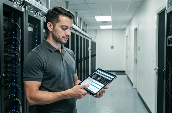 Technicien informatique hospitalier gérant une infrastructure de stockage cloud pour images médicales DICOM dans un datacenter