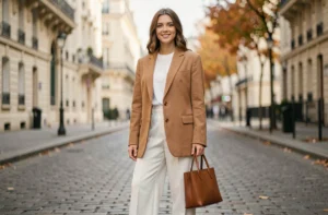 Femme élégante en blazer camel et pantalon large blanc dans une rue parisienne, tendances mode automne 2024