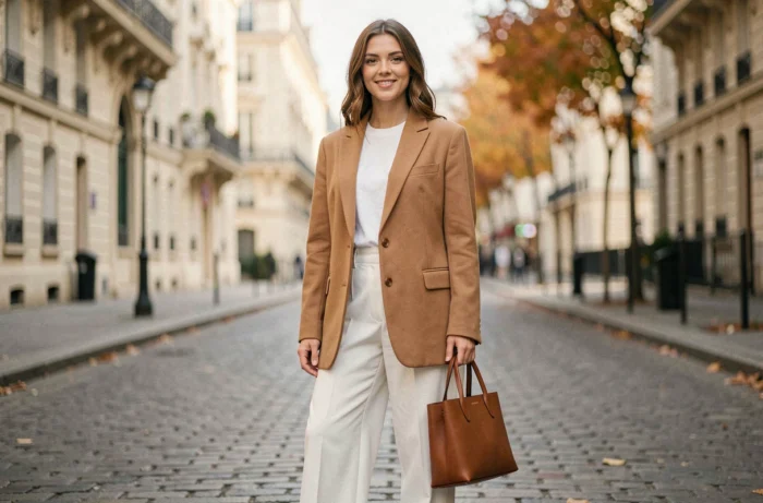 Femme élégante en blazer camel et pantalon large blanc dans une rue parisienne, tendances mode automne 2024