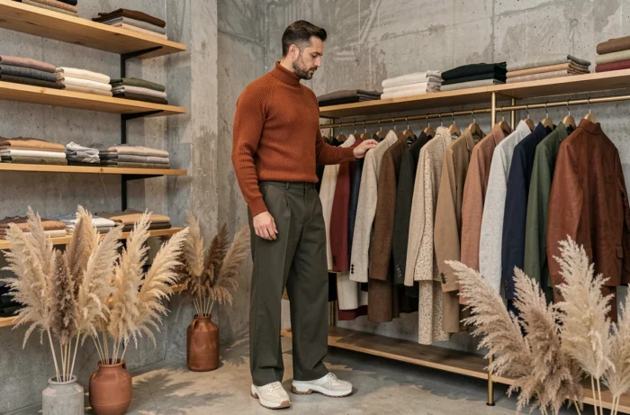 Homme en tenue tendance terracotta et olive dans un concept store vintage minimaliste, mode homme 2024