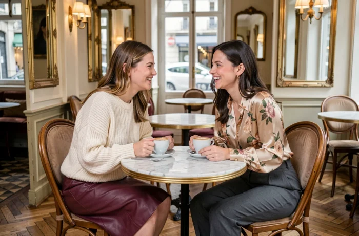 Deux femmes élégamment habillées selon les tendances mode 2024 discutant autour d'un café dans un bistrot parisien chic