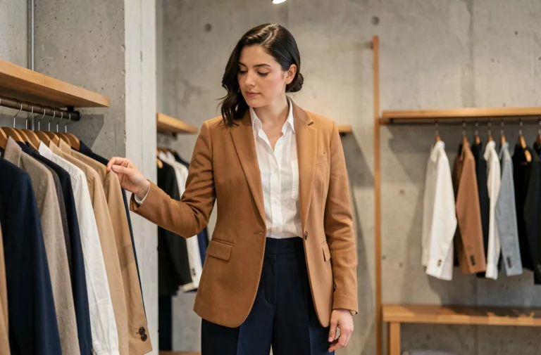 Femme élégante en blazer camel et pantalon taille haute marine explorant une boutique de mode parisienne minimaliste, tendances mode 2024