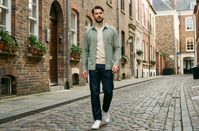 Homme en tenue décontractée tendance avec overshirt vert sauge et jean droit marchant dans une rue pavée européenne, look mode automne 2024
