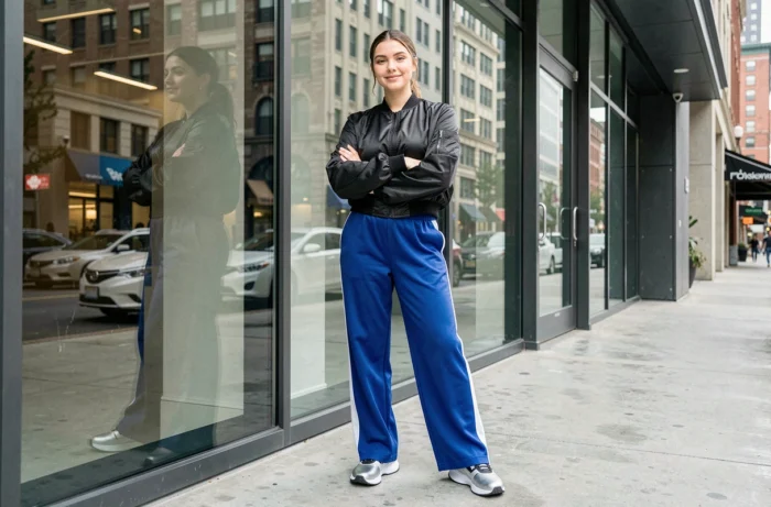 Jeune femme en streetwear moderne portant un bomber jacket noir brillant, pantalon large cobalt et sneakers futuristes argentées devant une vitrine urbaine