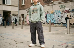 Jeune homme en tenue streetwear tendance avec hoodie oversized vert sauge et cargo pants gris, portant des sneakers chunky blanc cassé sur une place urbaine en béton