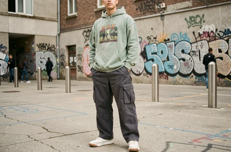 Jeune homme en tenue streetwear tendance avec hoodie oversized vert sauge et cargo pants gris, portant des sneakers chunky blanc cassé sur une place urbaine en béton