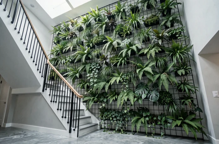 Végétalisation verticale sur treillis métallique le long du mur d'une cage d'escalier contemporaine
