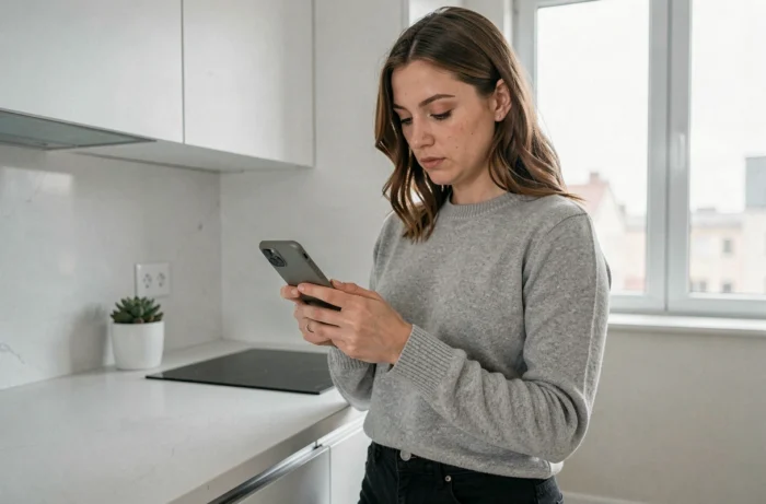 Femme vérifiant l'adresse sécurisée du site Nokraf sur son smartphone dans une cuisine moderne