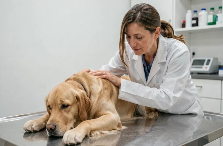 Vétérinaire examinant un golden retriever calme sur une table d'examen dans une clinique vétérinaire moderne