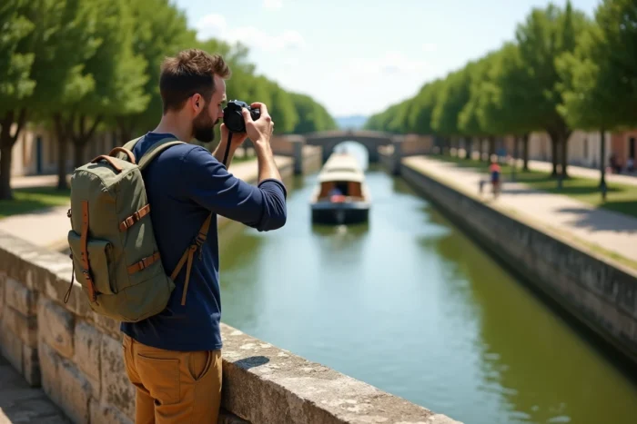 Voyageur photographiant le Canal du Midi depuis une écluse historique entourée de platanes