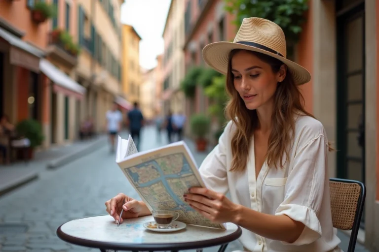 Voyageuse consultant un guide touristique en terrasse d'un café sur une rue pavée de Lyon, France